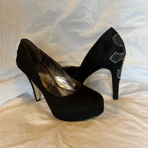 Reba Black Suede Heels with Rhinestone Accents. Size 8